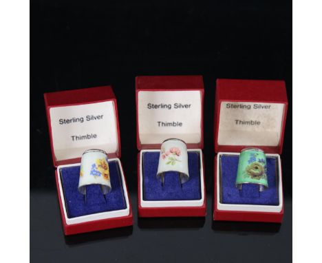 3 boxed sterling silver and enamel thimbles 