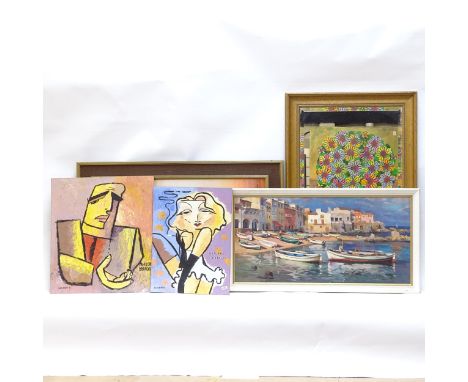 2 caricature oil paintings, signed Saunders '92, 2 retro prints, and a gilt-framed mirror (5) 