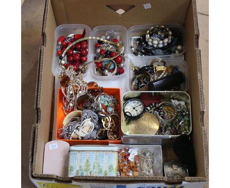 A large quantity of mixed Vintage and modern costume jewellery, beads, wristwatch etc (boxful) 