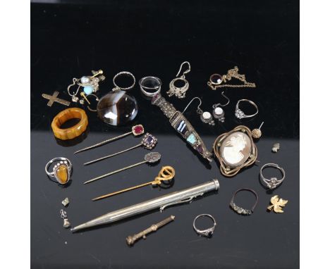 A silver-cased propelling pencil, cameo, stick pins, gilt-metal propelling pencil etc 