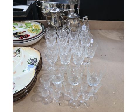 A 4-piece silver plated tea service, crystal drinking glasses etc 