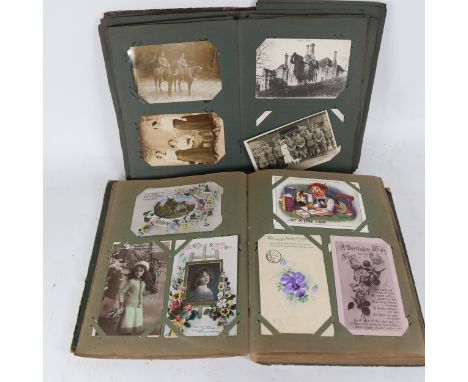 2 x albums containing early 20th century postcards, military cards, football and First War silk postcards, all early 20th cen