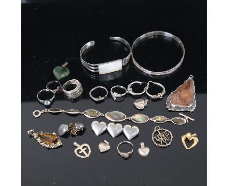 A silver and mother-of-pearl panel bangle, amber pendant, earrings, rings and other silver jewellery 