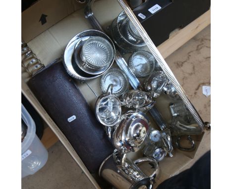 A cased fish service, an Elkington plate hot water jug, 3-piece tea set, cruet sets etc (boxful) 