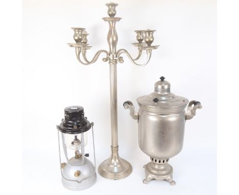 A 5-light silver plated candelabrum, height 75cm, a USSR samovar, and a tilley lamp 