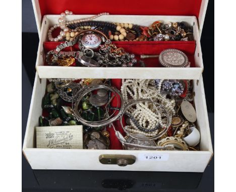 A cantilever jewel box, with various silver and other costume jewellery, including a silver and blue enamel fob watch, bangle