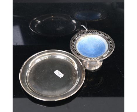 A silver and enamel bon bon dish with pierced edge (weighted base), and a circular silver salver, 7.9oz gross 