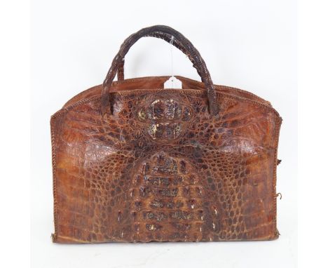Vintage crocodile skin bag with zip top, width 39cm 