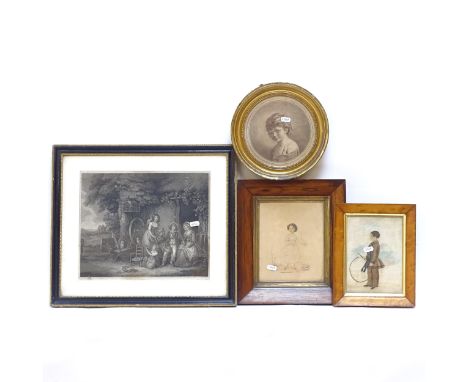 A group of 19th century watercolours and prints, including 2 x 19th century watercolour portraits of children, in original ro