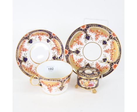 A Copeland Spode hand painted and gilded tea and cake set for one, and a ceramic desk-top ink stand 