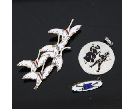 ERIK MAGNUSSEN - a sterling silver and enamel brooch, and 2 other silver enamel brooches 