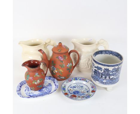 A Staffordshire Willow pattern pottery vase, height 15cm, a Wedgwood enamel painted coffee pot and jug, a pair of Wedgwood re