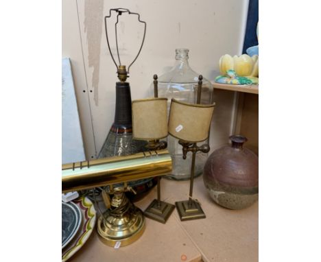 Celtic pottery table lamp with incised decoration, a moulded glass bottle, height 55cm, Studio pottery vase, and 2 x Studio p