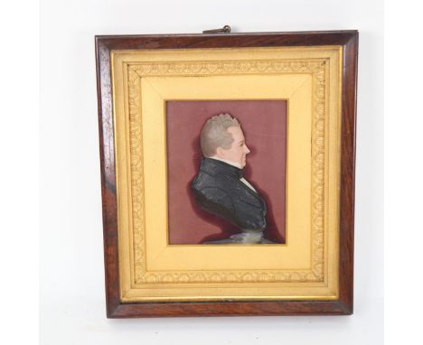 19th century relief cast multicolour wax portrait plaque, in original gilt and rosewood frame, overall frame dimensions 19cm 