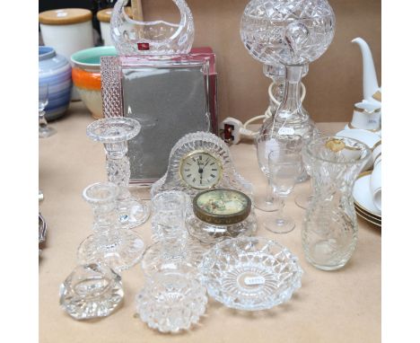 A group of glassware, including a photo frame, crystal lamp in 2 parts, a Victorian glass decanter etc 