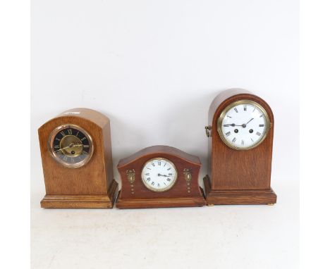 An oak-cased mantel clock, height 26cm, a mantel clock with painted decoration, and a dome-top 2-train mantel clock 