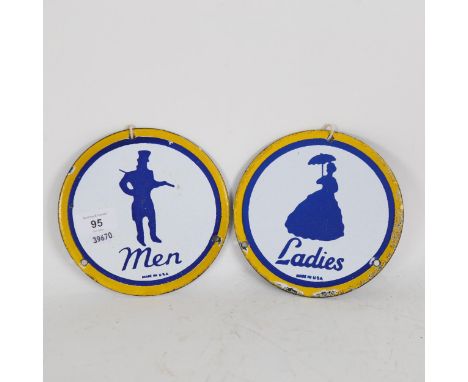 A pair of reproduction enamel Ladies and Men lavatory signs, diameter 16cm 