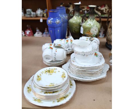 A pair of glass vases, with enamelled decoration, height 27cm, a pair of pottery vases, a 1930s Heathcote China tea service e