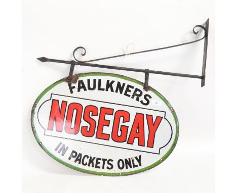 Faulkners Nosegay In Packets Only, Antique double-sided oval enamel sign, 62cm x 42cm, on original wrought-iron wall-mounted 