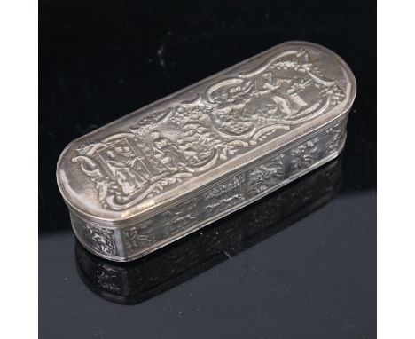 A 19th century Dutch silver tobacco box, allover relief embossed village and hunting scenes, length 16cm, height 4cm, 5.8ozGo