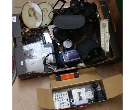 Various collectables, including Amazon Kindle, Canon P7-D, small enamel panel by Richard Casey, binoculars etc (boxful) 