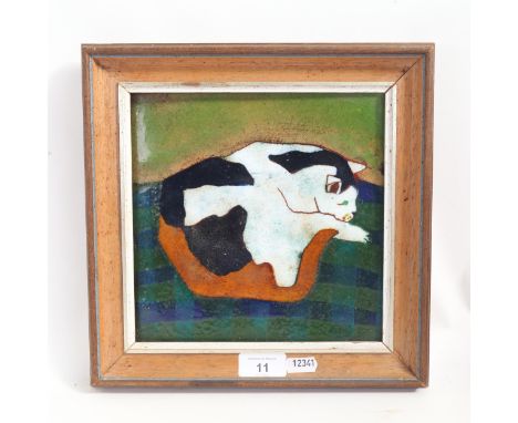 BERYL TURPIN - hand painted enamel painting on copper, sleeping cat, framed, overall frame dimensions 27cm x 27cm