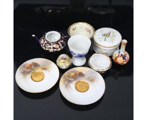 Various miniature porcelain items, including Royal Worcester saucers, Coalport jar and cover, Royal Crown Derby teapot etc 