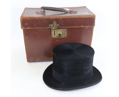 G A Dunn & Co, Vintage black top hat, in leather carrying case 