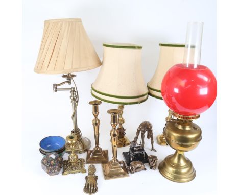 Various collectables, including brass oil lamp, Chinese cloisonne enamel bowls, brass candlestick, hand clip etc 