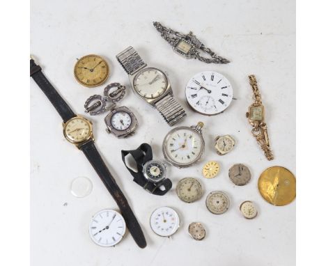 A box of mixed watches to included a silver and blue enamel pendant watch, an engraved Continental silver fob watch, various 