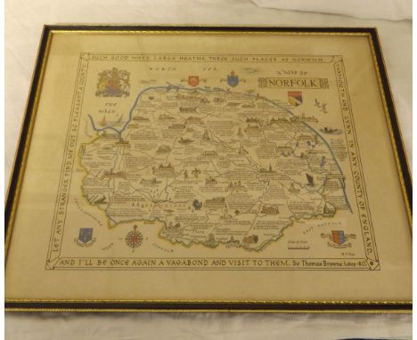 M F PECK: A MAP OF NORFOLK, pen, ink and watercolour map, circa 1950, approx 9" x 12", f/g + J L CARR (PUB): THE COUNTY OF NO