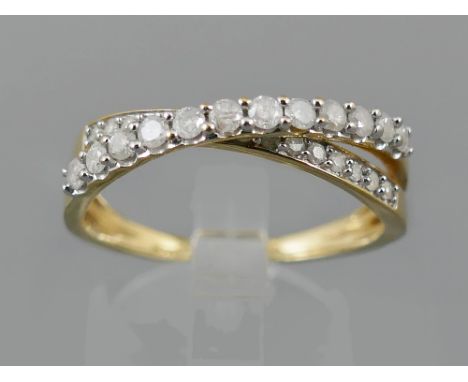 Modern 9ct diamond set cross-over design ring, with twenty-seven diamonds, 0.45ct approx, ring size R, 2.9gm