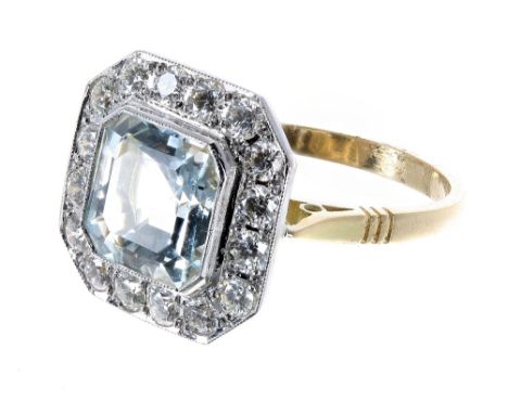 18ct aquamarine and diamond cluster ring, the aquamarine 2.30ct, in a surround of round brilliant-cut diamonds, 0.75ct approx