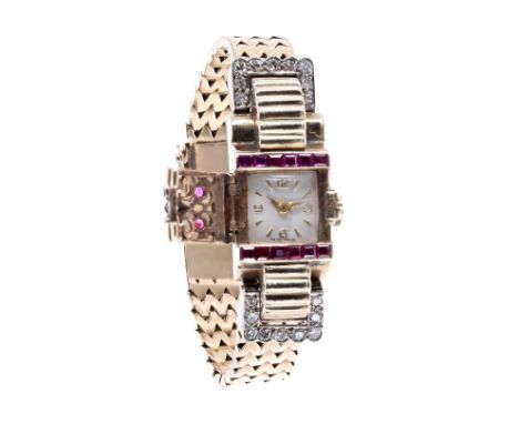 Wittnauer ruby and diamond 9ct yellow gold lady's cocktail watch, the case with a hinged cover and articulated lugs, set with