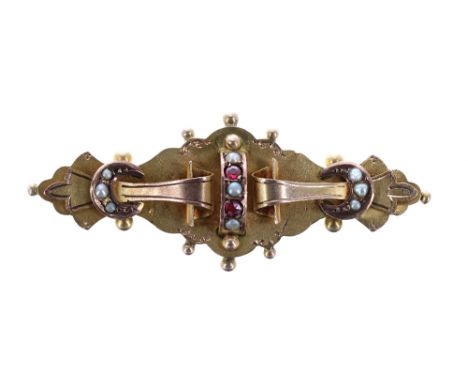Edwardian 9ct ruby and pearl brooch with a glazed locket verso, Chester 1903, 3.9gm, 47mm