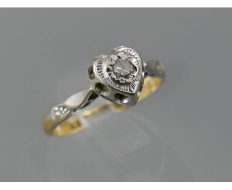 18ct gold and platinum heart shape round cut diamond solitaire ring, Birmingham 1968, 0.05ct approx, ring size J, 2.7gm