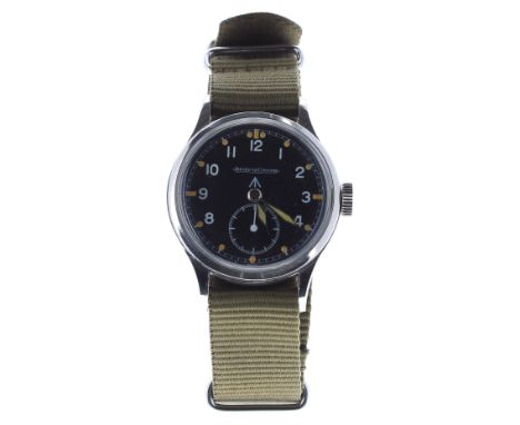 Jaeger LeCoultre Military issue stainless steel wristwatch, dated 1952, signed black dial with broad arrow, white Arabic nume