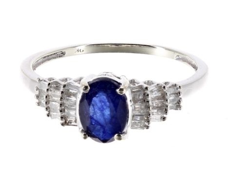 Attractive white gold sapphire and diamond ring, the sapphire 0.50ct approx, in a stepped setting with emerald-cut diamonds, 