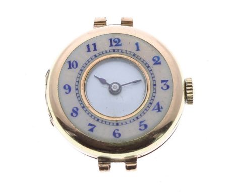 Swiss 9ct and enamel lady's bracelet watch, import hallmarks Glasgow 1923, plain enamel dial, the case front with pink enamel