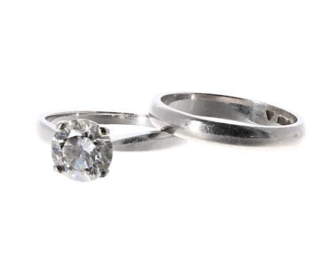 Good platinum solitaire diamond ring, round brilliant-cut, 1.60ct approx, clarity SI, colour F-G, 3.8gm, ring size M/N; toget