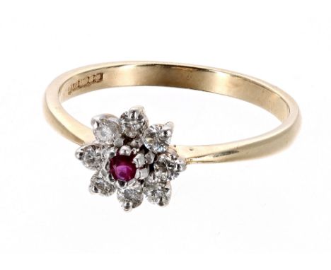 9ct ruby and diamond cluster ring, Birmingham 1997, 2gm, cluster 8mm, ring size P 