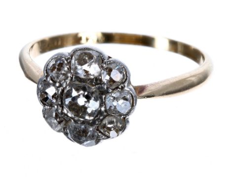 Antique 18ct old-cut diamond cluster ring, 0.80ct approx, clarity SI, colour J-K, 11mm, ring size R/S, 2.9gm