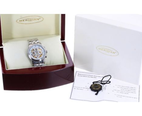 Meridian automatic stainless steel gentleman's bracelet watch, circular white dial with skeleton centre, baton markers, subsi