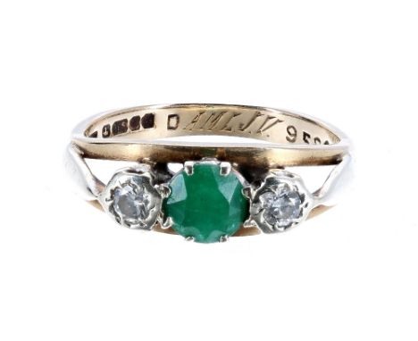 Emerald and diamond 9ct three stone ring, 2.7gm, ring size J 