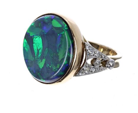 Fine 18ct certified natural Australian black opal and diamond ring, cabouchon-cut opal measuring 18 x 18.2 x 5.4mm approx, mi