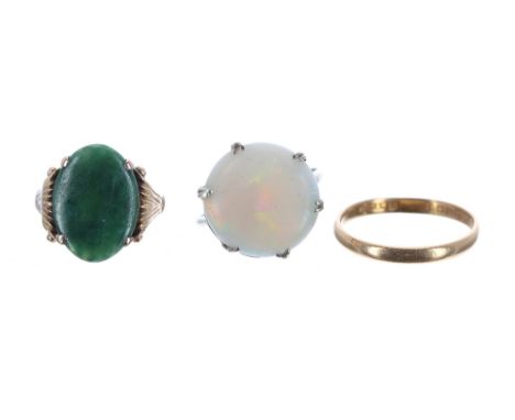 White metal opal set ring, 3.1gm; 14k jade set ring, 3gm; also a 22ct wedding band ring, 3mm, 2gm (3)