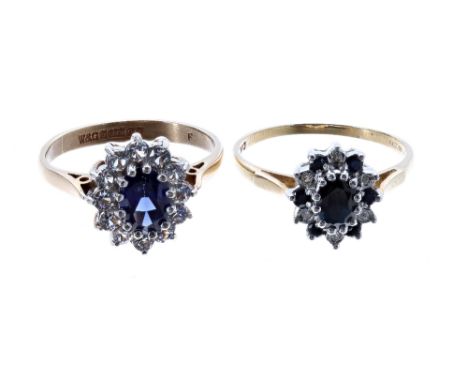 9ct sapphire and diamond cluster ring; also another 9ct cluster ring, 4.3gm (2)