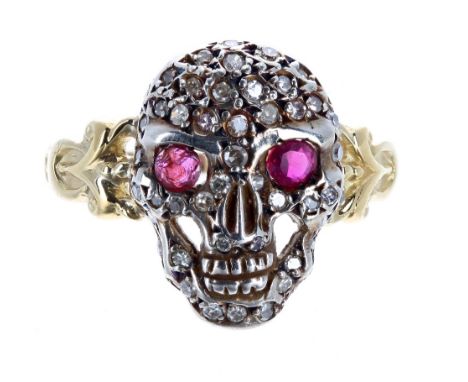 Antique style 15ct ruby and diamond skull ring, 16mm, 4gm, ring size P
