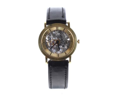 Bernard Golay 18ct gentleman's wristwatch, circular case with skeleton dial and exhibition back with a baton marker chapter r