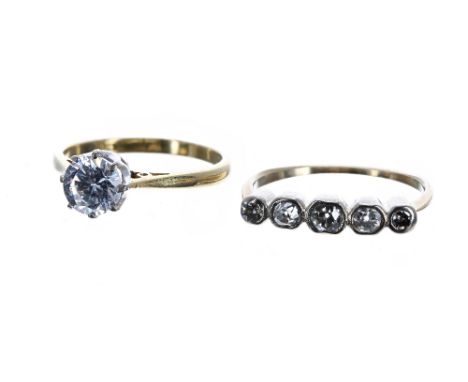 18ct old-cut diamond five stone ring, 2.3gm, ring size M; together with an 18ct solitaire cz ring, 2.6gm, ring size L (2)